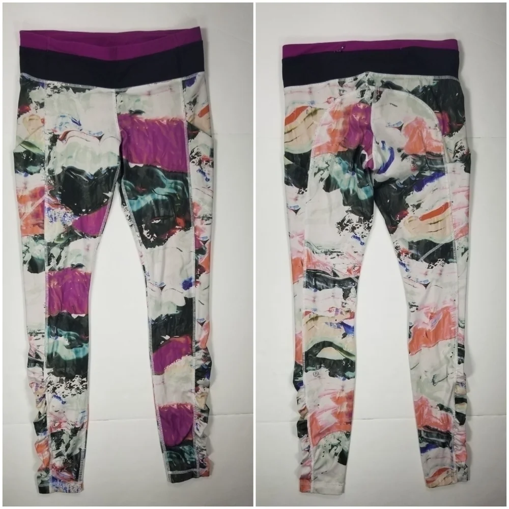 Lululemon Sz 6 Leggings Ruched Side Pockets Floral Full Length